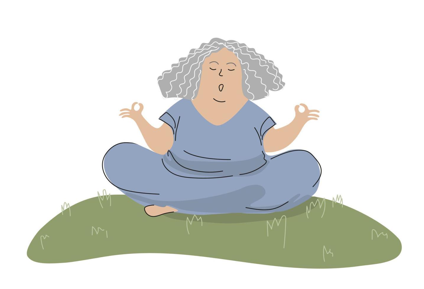 une femme âgée médite sur la pelouse. illustration vectorielle. vecteur