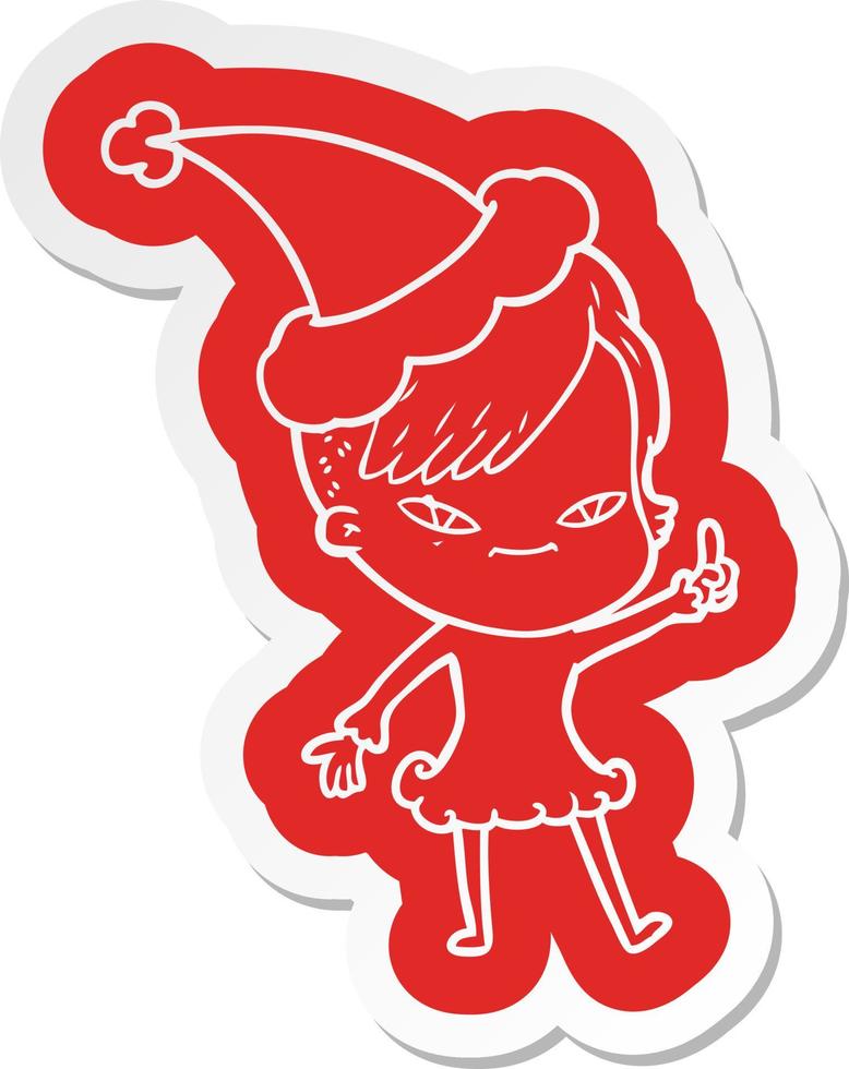 autocollant de dessin animé mignon d'une fille avec une coupe de cheveux hipster portant un bonnet de noel vecteur