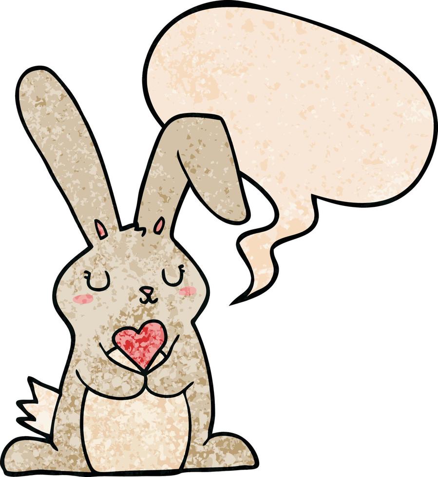 lapin de dessin animé amoureux et bulle de dialogue dans un style de texture rétro vecteur