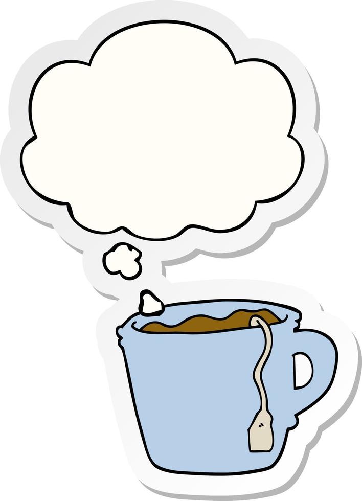 dessin animé tasse de thé chaud et bulle de pensée comme autocollant imprimé vecteur