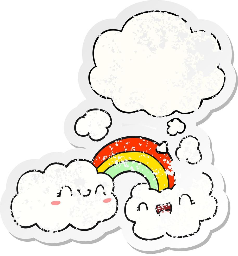 nuages de dessin animé heureux et arc-en-ciel et bulle de pensée comme un autocollant usé en détresse vecteur
