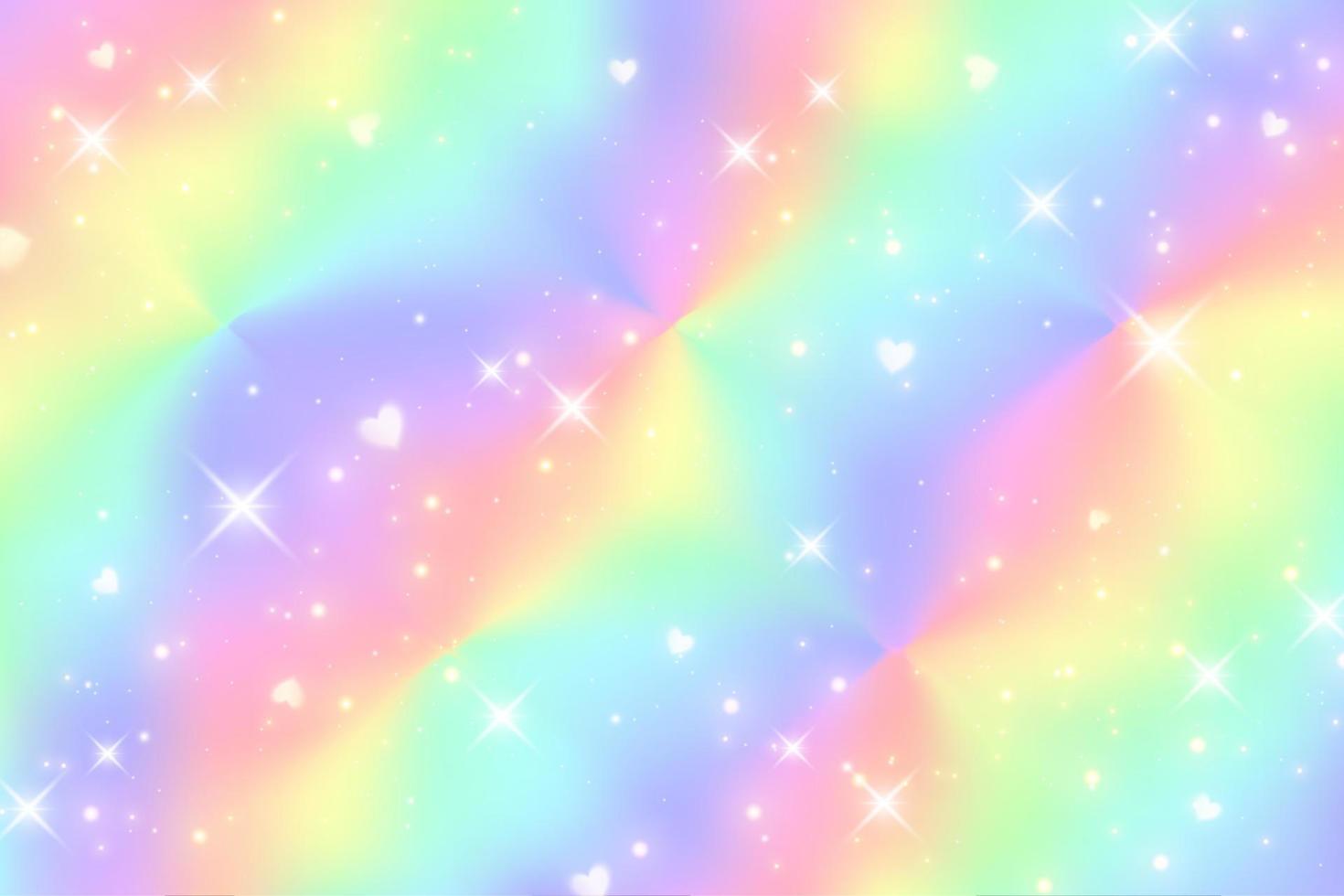 fond de fantaisie de licorne arc-en-ciel avec des étoiles, des coeurs et des étincelles. illustration holographique aux couleurs pastel. ciel multicolore lumineux. vecteur. vecteur