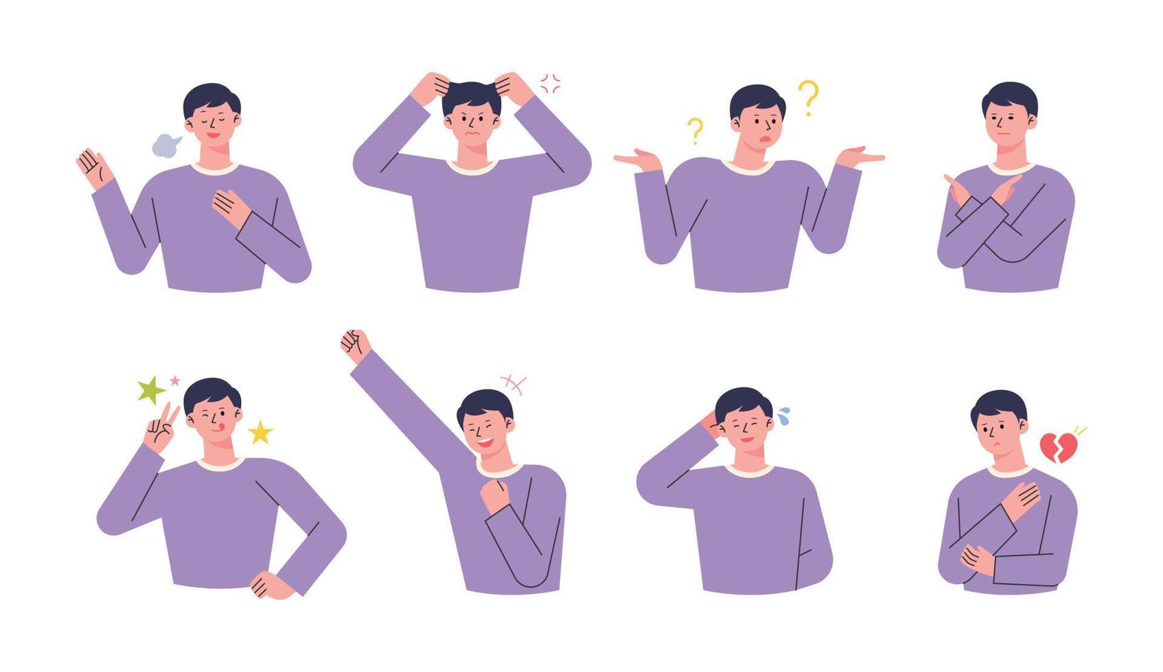 un homme en t-shirt violet. il fait divers gestes pour exprimer ses émotions. vecteur