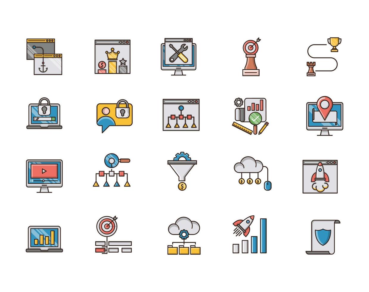 icônes de contour remplies ensemble d'icônes d'optimisation de moteur de recherche, pack de pictogrammes simple ligne mono, concept de logo vectoriel, graphique web. icônes vectorielles. vecteur