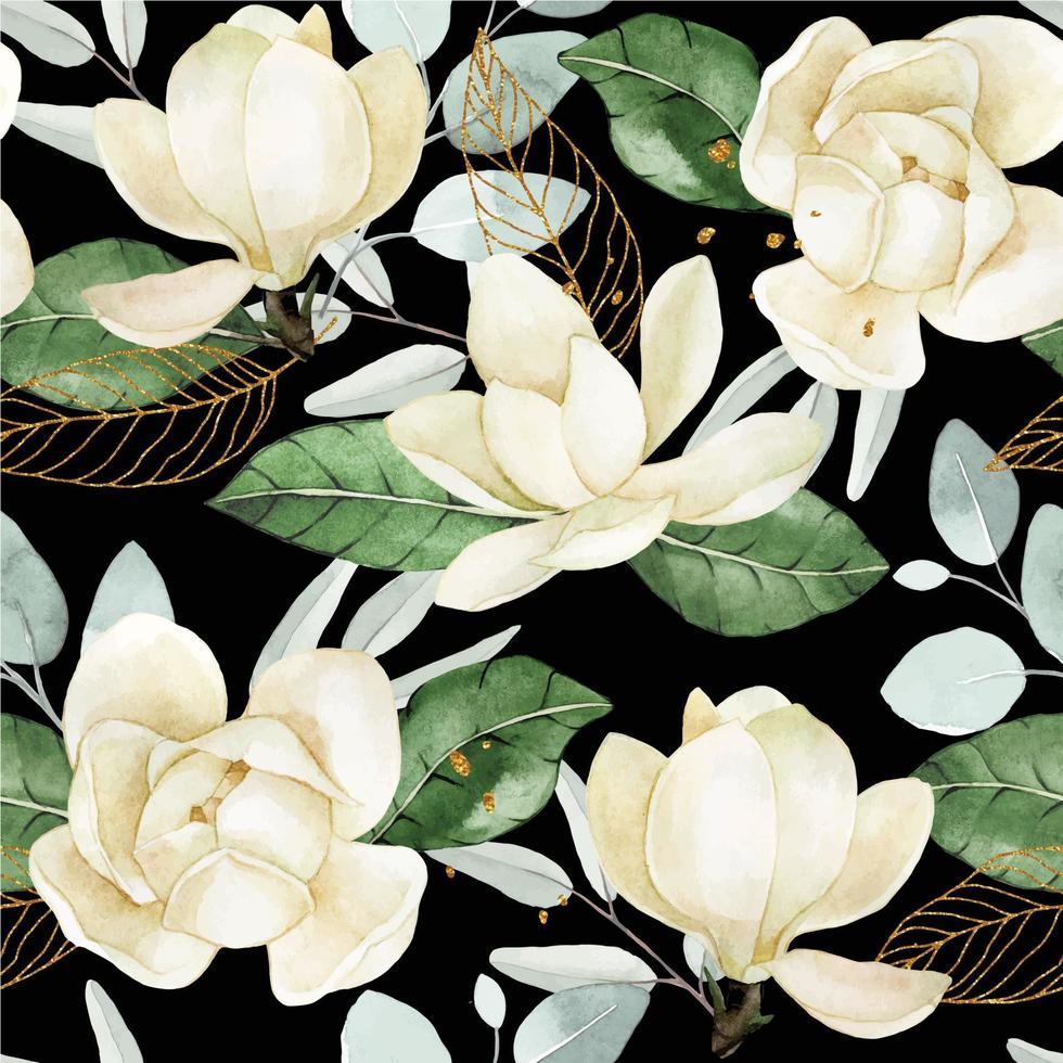 dessin à l'aquarelle. modèle sans couture avec des fleurs blanches, des feuilles et des éléments dorés. illustration délicate avec des fleurs de magnolia, des feuilles d'eucalyptus, des feuilles d'or vecteur