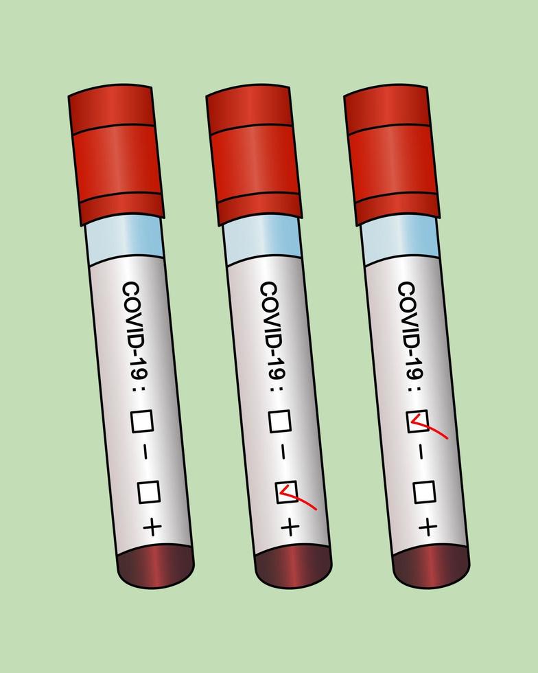 tubes à essai avec des analyses de patients. ensemble de vecteurs colorés. diagnostic d'échantillons de sang pour l'infection à coronavirus covid-19. trois résultats positifs, négatifs, non préparés. fond vert isolé. vecteur