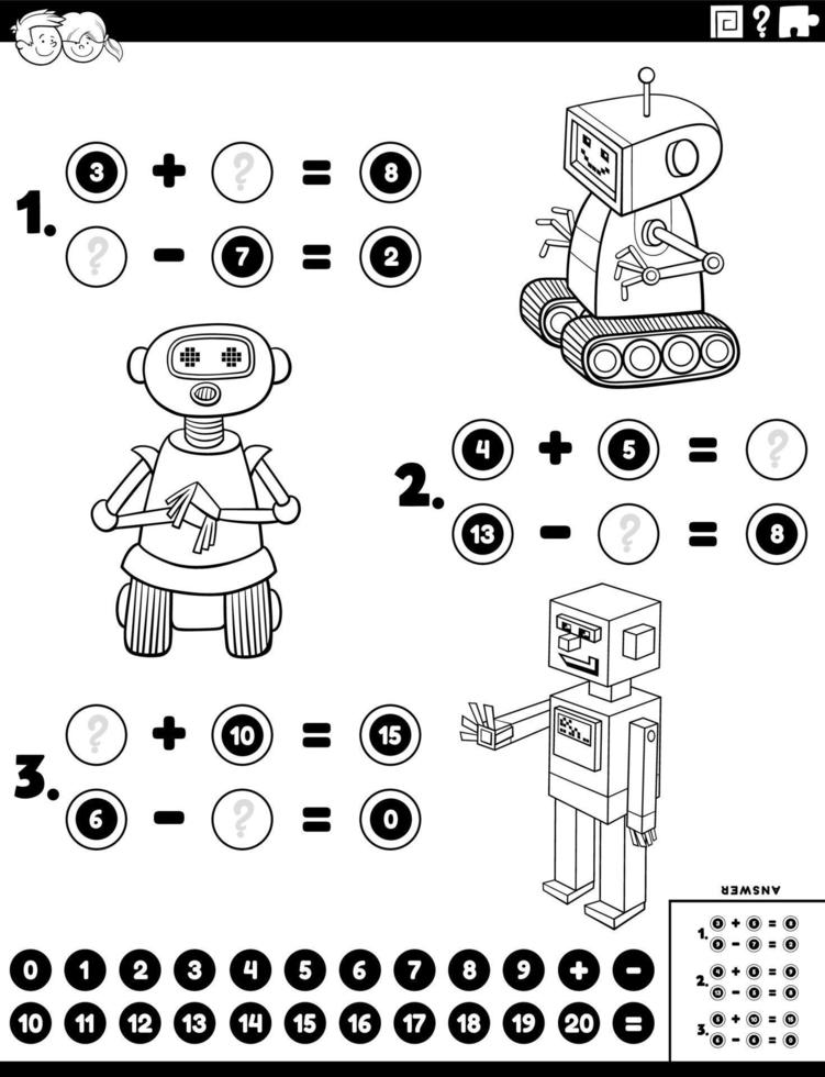 feuille de travail d'addition et de soustraction avec des robots à colorier vecteur