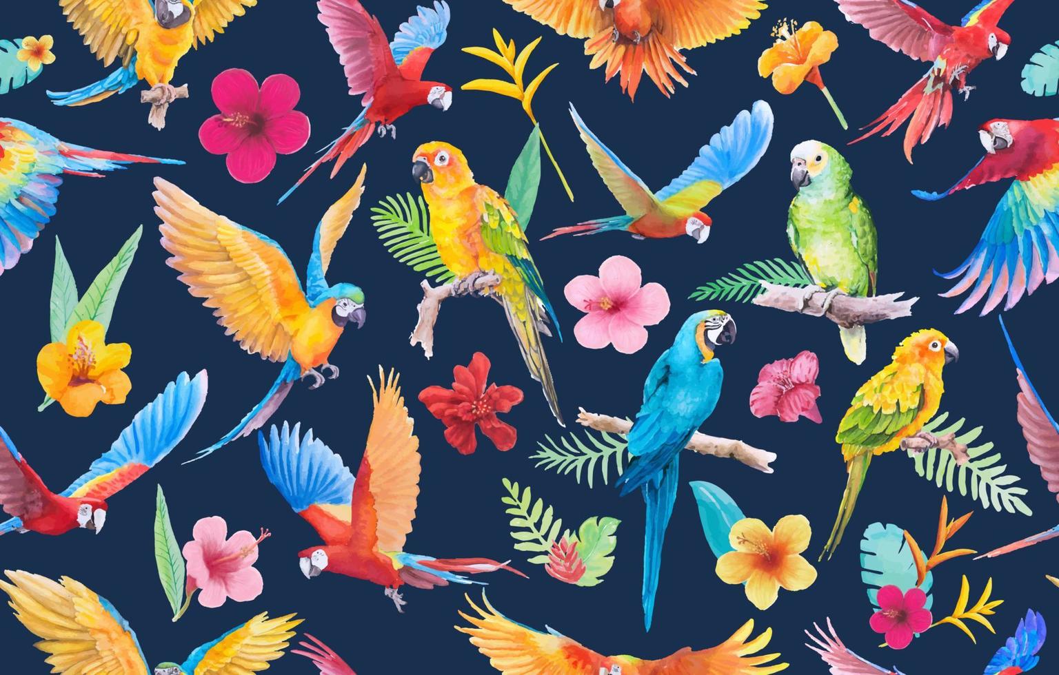 bel oiseau perroquet ara et paradis fleur de feuille modèle sans couture aquarelle peinte à la main vecteur