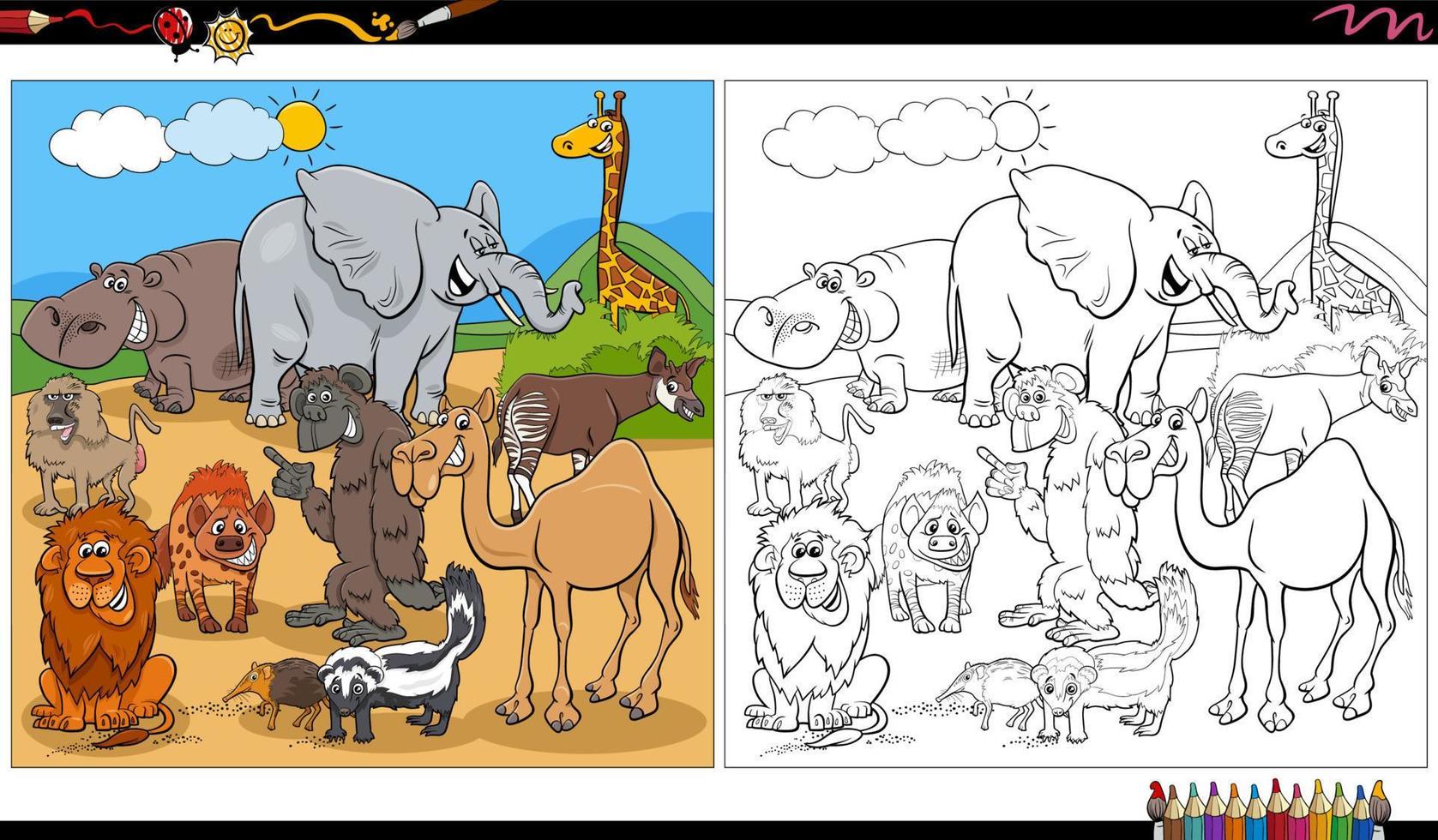 coloriage de groupe de personnages d'animaux sauvages de dessin animé vecteur