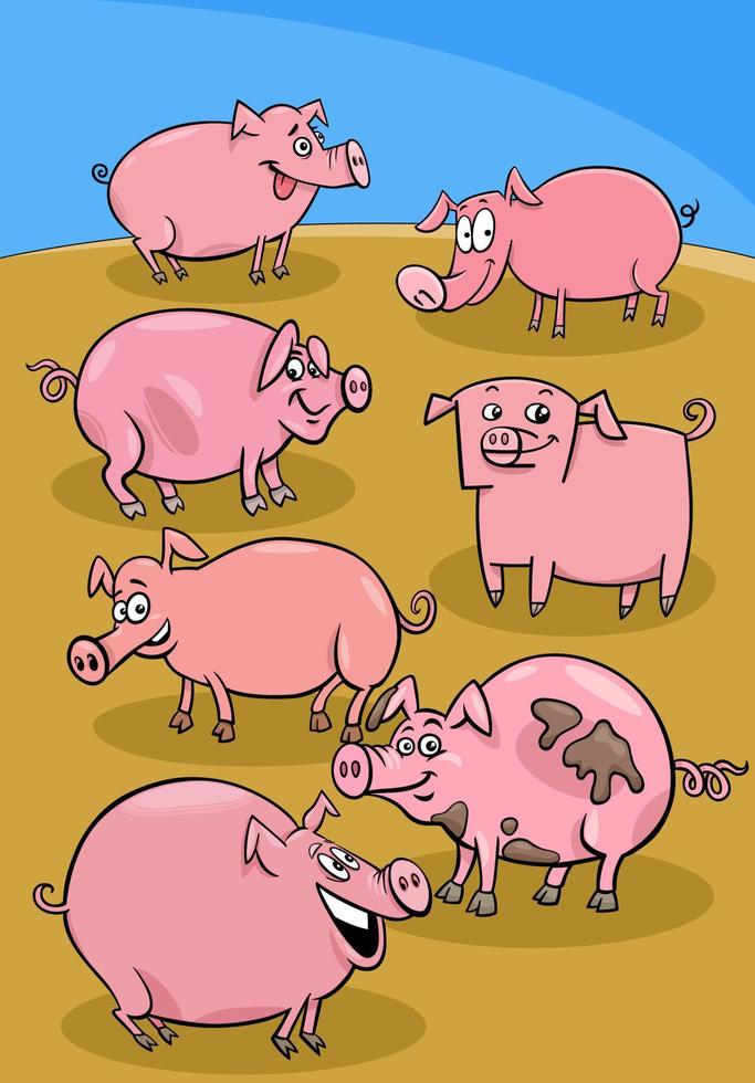 groupe de personnages d'animaux de ferme de cochons de dessin animé vecteur