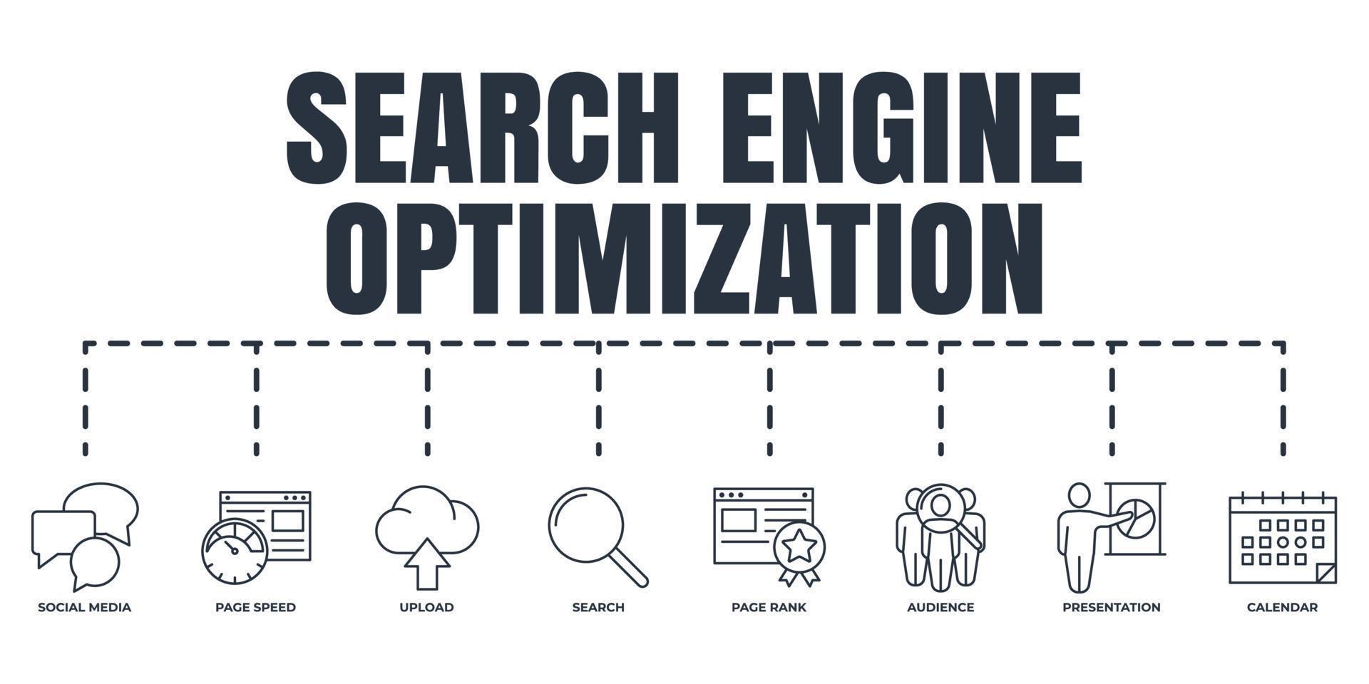 optimisation du moteur de recherche. ensemble d'icônes web de bannière seo. classement de la page, recherche, médias sociaux, calendrier, présentation, public, vitesse de la page, concept d'illustration vectorielle de téléchargement. vecteur