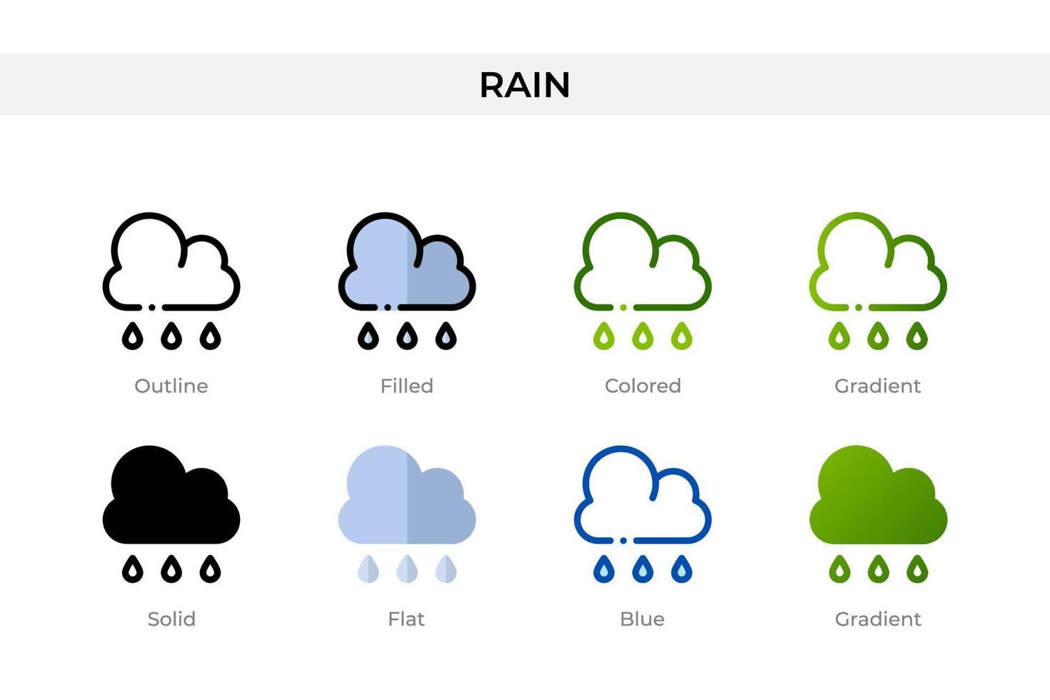 icône de pluie dans un style différent. icônes vectorielles de pluie conçues dans le style contour, solide, coloré, rempli, dégradé et plat. symbole, illustration de logo. illustration vectorielle vecteur