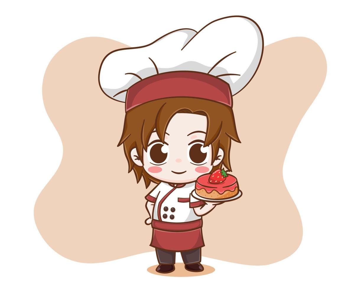 mignon chef garçon tenant illustration de dessin animé de gâteau aux fraises vecteur
