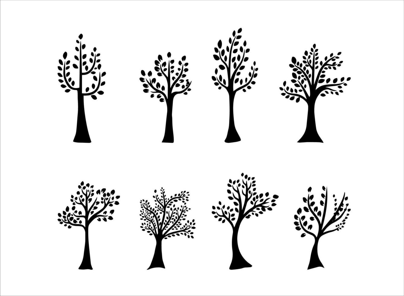 collection de paysages d'arbres en silhouette de couleur noire isolés sur fond blanc vecteur
