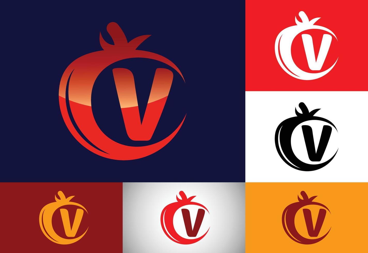 alphabet monogramme v initial avec tomate. modèle de conception de logo de tomate. emblème de la police. alimentation biologique vecteur