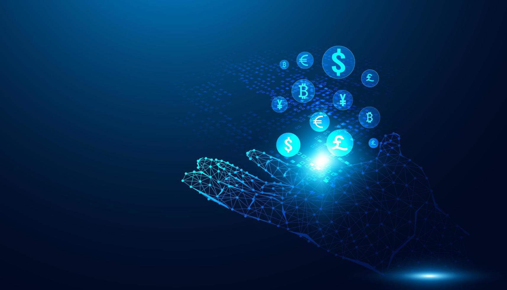 transfert d'argent abstrait hologramme numérique à la main défi financement décentralisé blockchain, crypto-monnaie et bitcoin, en ligne, transaction Internet futuriste. vecteur