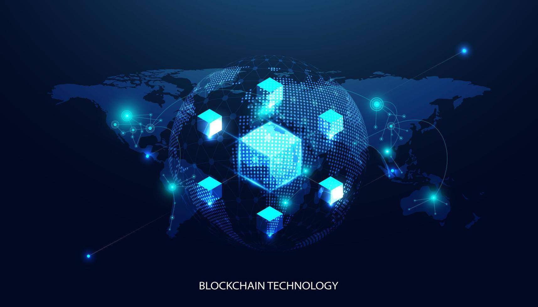 technologie de blockchain mondiale abstraite crypto-monnaie et opérations de crypto cube carré fintech connecter bloc, transmission de données, nouveau système technologique, illustration vectorielle. vecteur