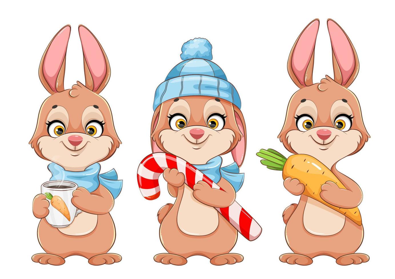 personnage de dessin animé de lapin, ensemble de trois poses vecteur