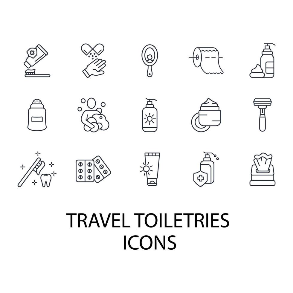 ensemble d'icônes de toilette de voyage. voyage articles de toilette pack symbole éléments vectoriels pour le web infographique vecteur