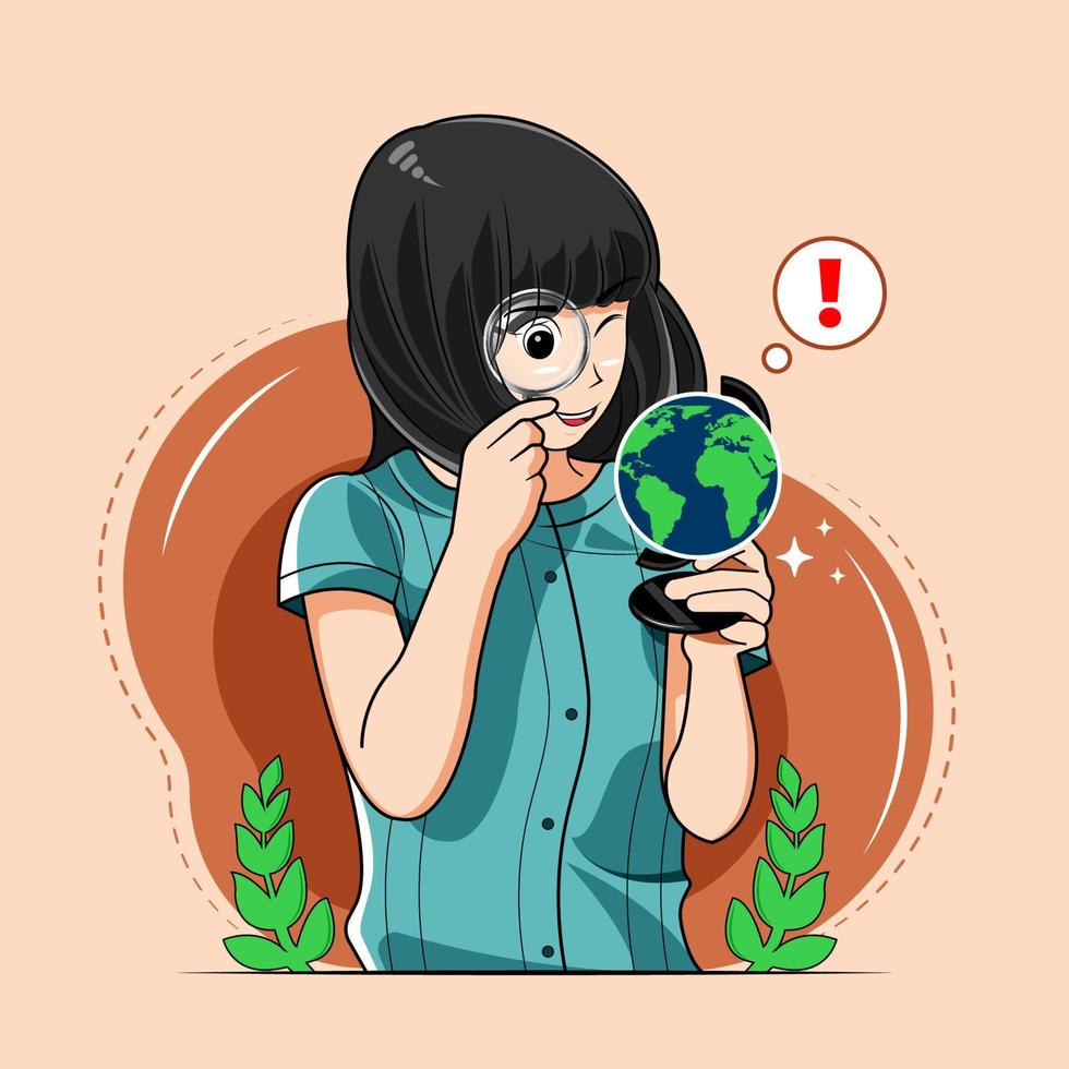 fille regardant globe avec illustration vectorielle loupe téléchargement gratuit vecteur