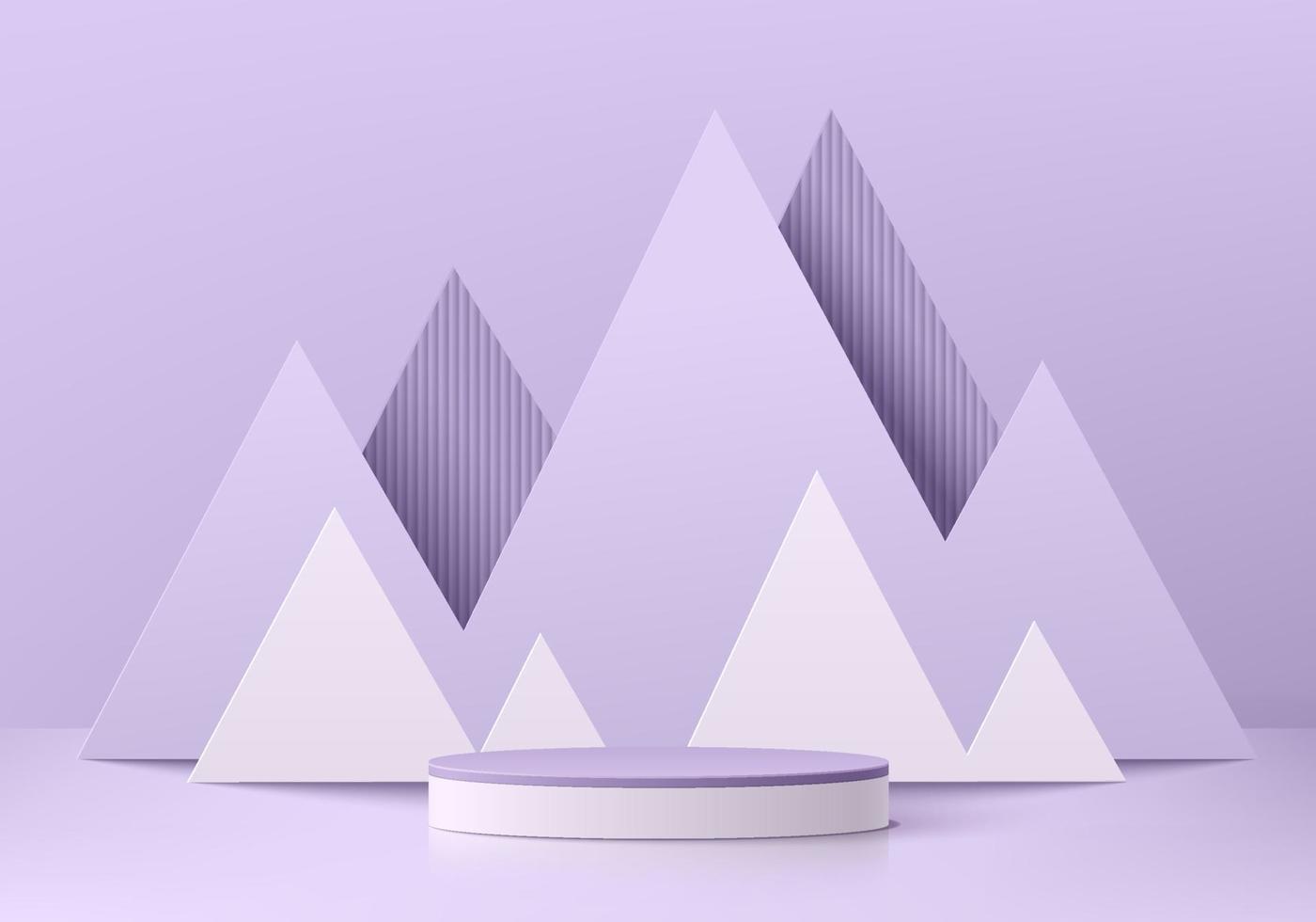 podium de piédestal de cylindre 3d violet lavande réaliste et blanc avec fond de couches de triangle géométrique. affichage de produits de maquette de scène minimale abstraite. vitrine de scène ronde. formes géométriques vectorielles. vecteur