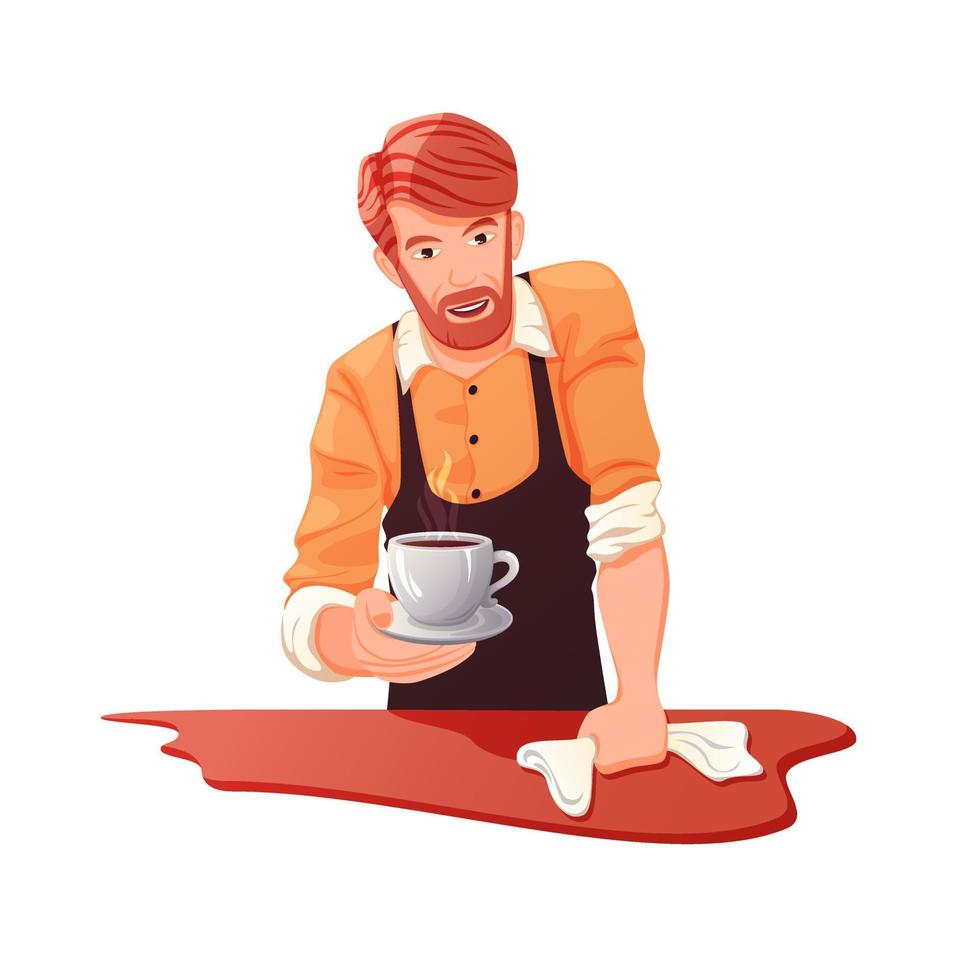 le barista de dessin animé offre une tasse de café. vecteur