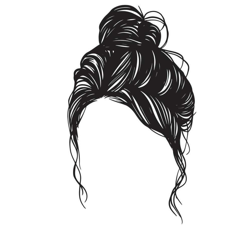 femme de beauté en chignon désordonné, illustration de cheveux en chignon désordonné, dessin au trait, silhouette, pour la conception de t-shirt, tasse, sac fourre-tout, etc. vecteur