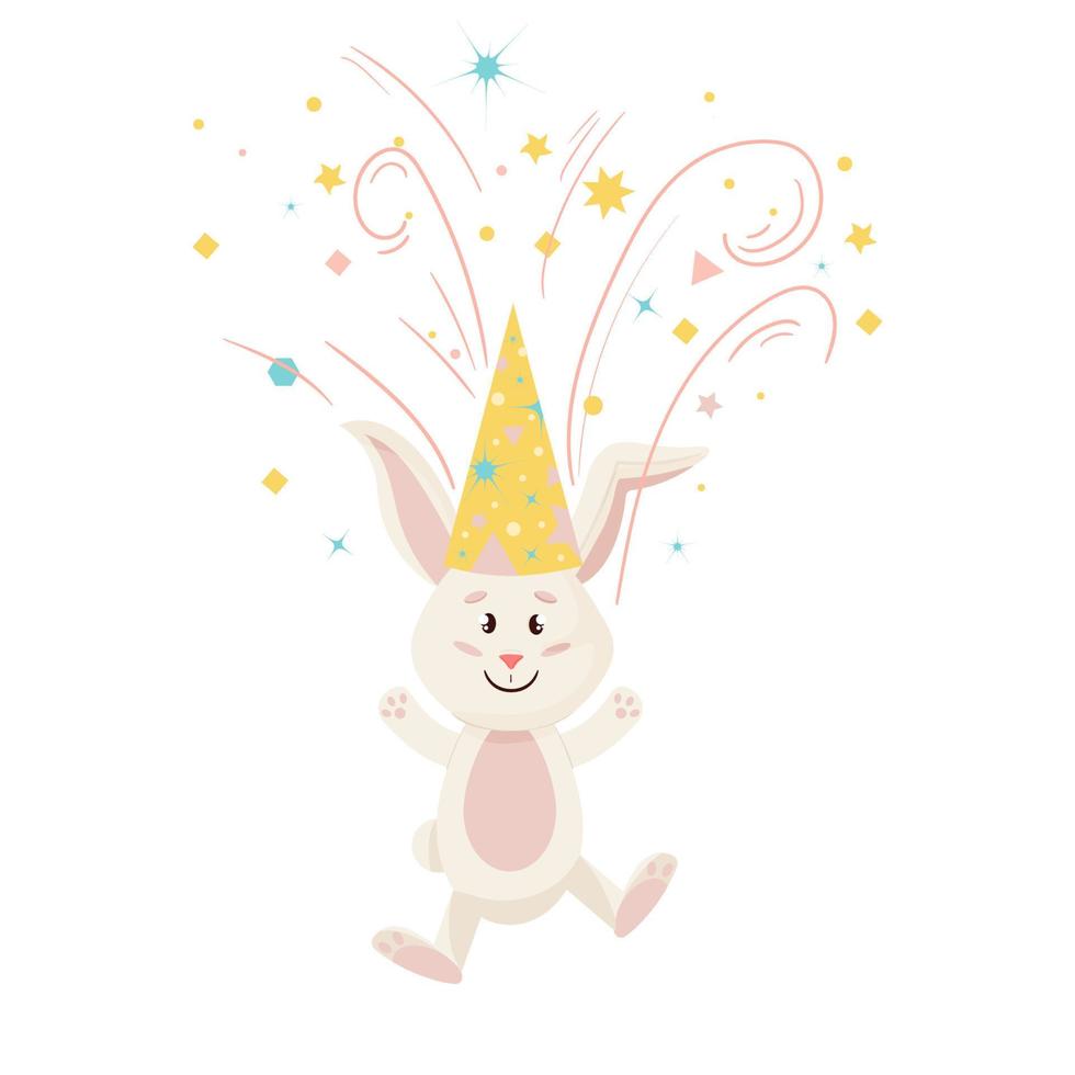 personnage de lapin. sauter et sourire drôle, lapin de dessin animé joyeux anniversaire avec feu d'artifice, vecteur