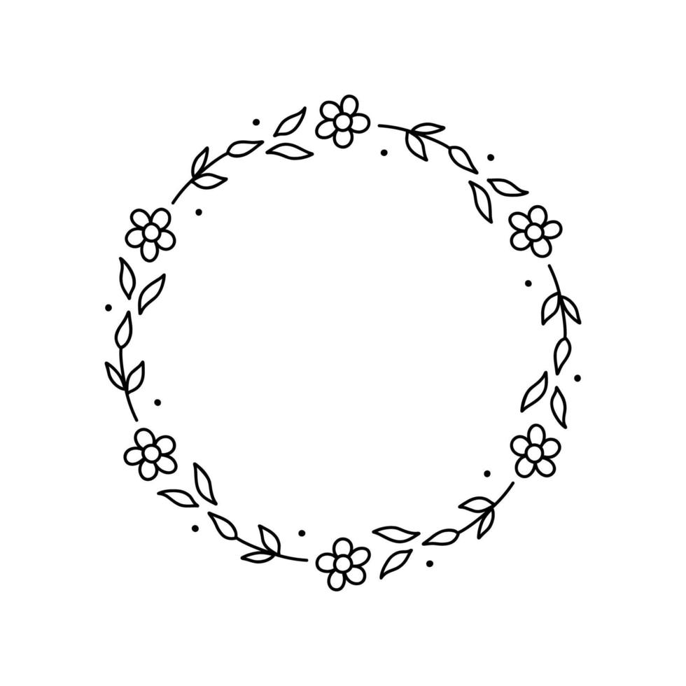 couronne florale de printemps isolée sur fond blanc. cadre rond avec des fleurs. illustration vectorielle dessinée à la main dans un style doodle. parfait pour les cartes, invitations, décorations, logo, divers designs. vecteur