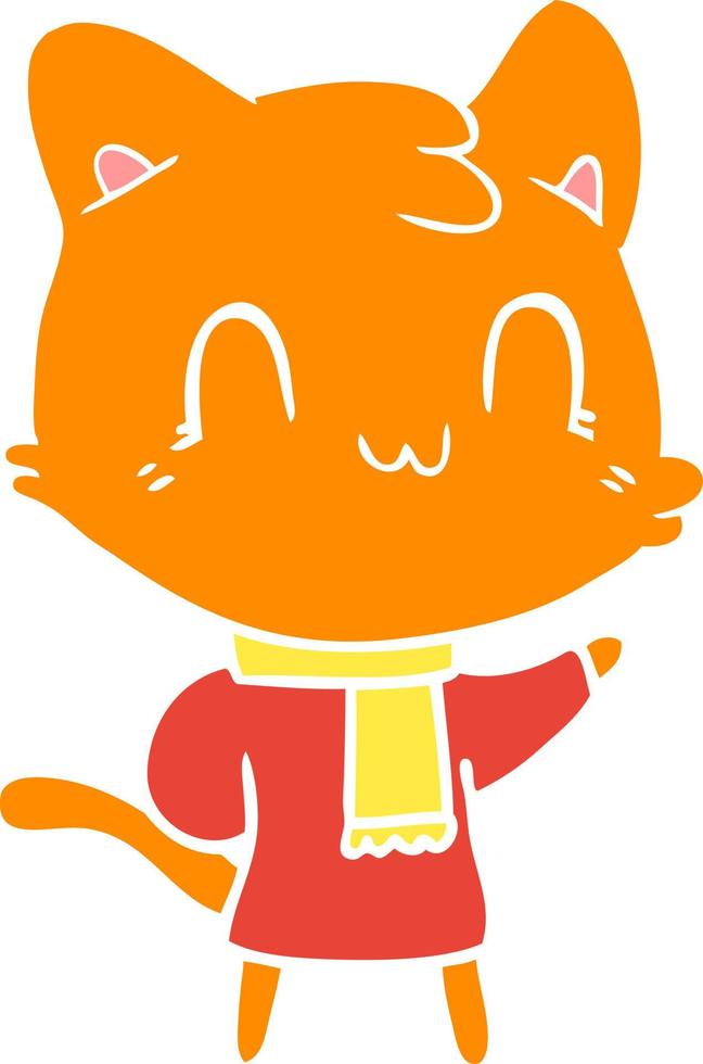 chat heureux de dessin animé de style plat couleur portant une écharpe vecteur