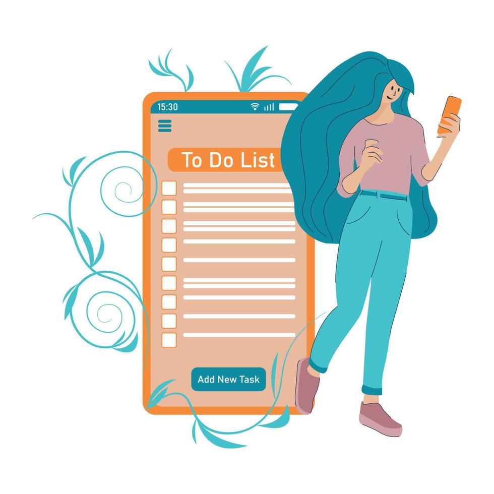 jeune femme fait une liste de choses à faire dans l'application sur le téléphone vecteur