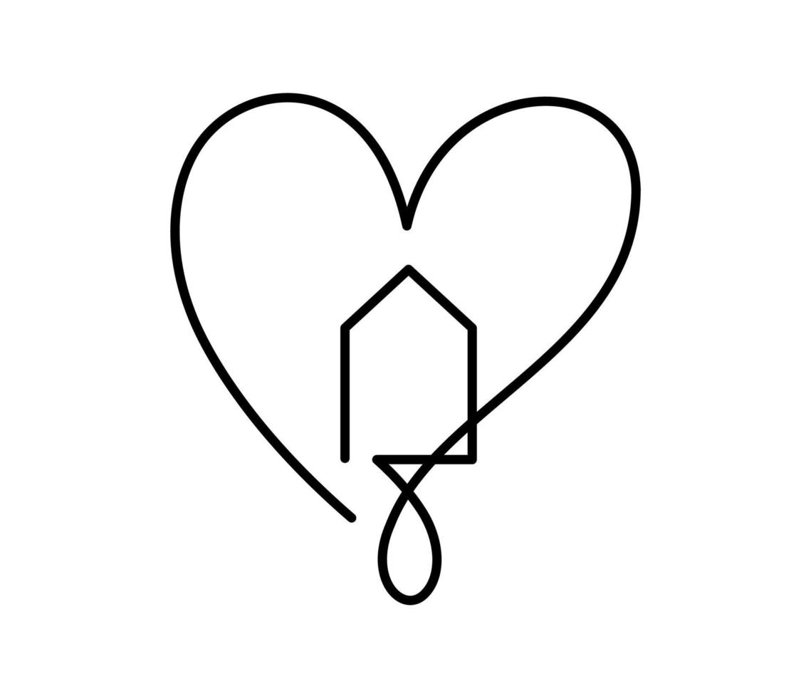 maison avec coeur vecteur dessiné à la main logo monoline icône immobilier une ligne d'art, forme à l'intérieur. symbole de la maison d'amour, illustration isolée sur fond blanc