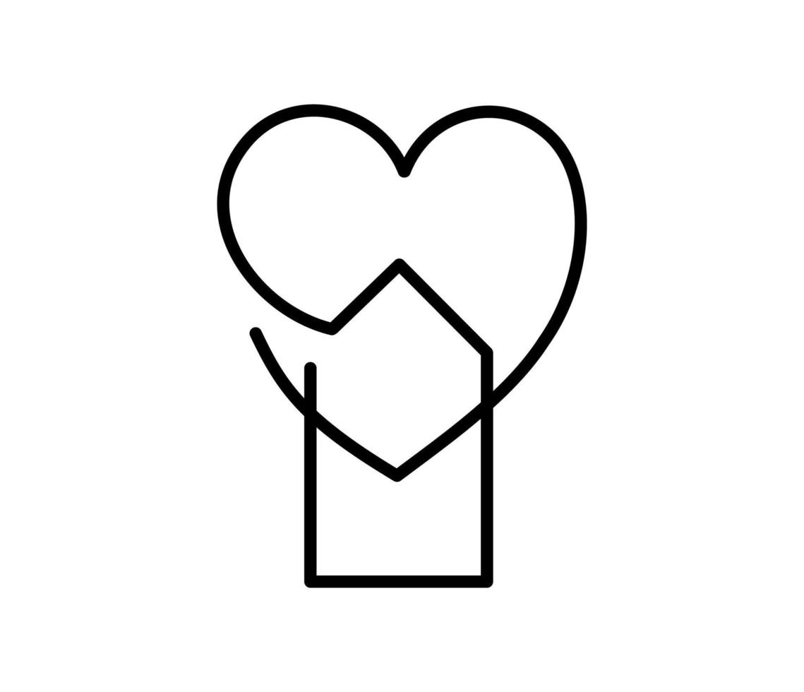 maison avec coeur vecteur dessiné à la main logo monoline icône immobilier une ligne d'art, forme à l'intérieur. symbole de la maison d'amour, illustration isolée sur fond blanc