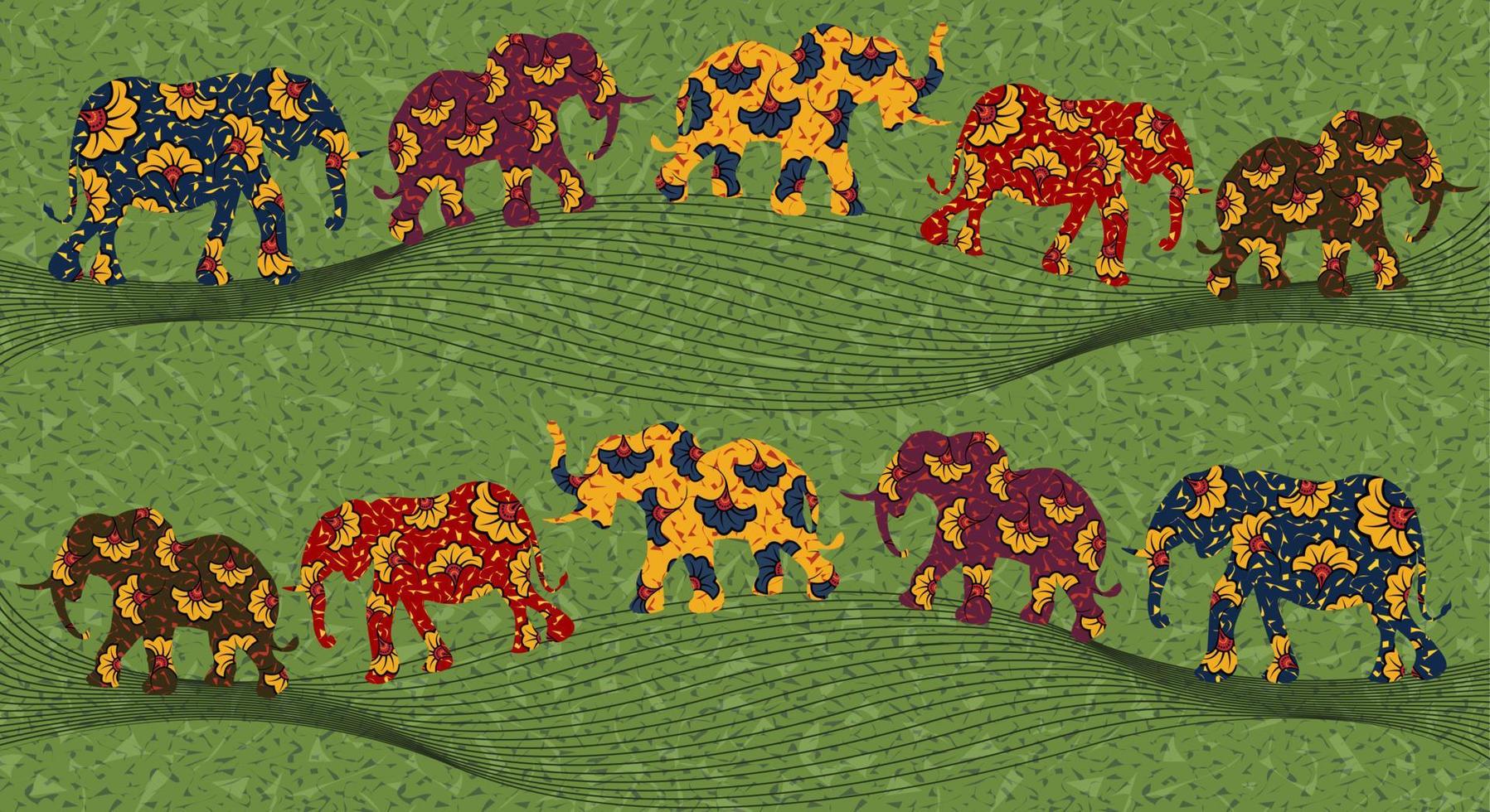 tissu imprimé africain ou thaïlandais, ornement fait main d'éléphants ethniques pour votre conception, motifs tribaux colorés de fleurs afro, éléments géométriques ondulés. texture vectorielle, style de mode ankara textile ondulé afrique vecteur