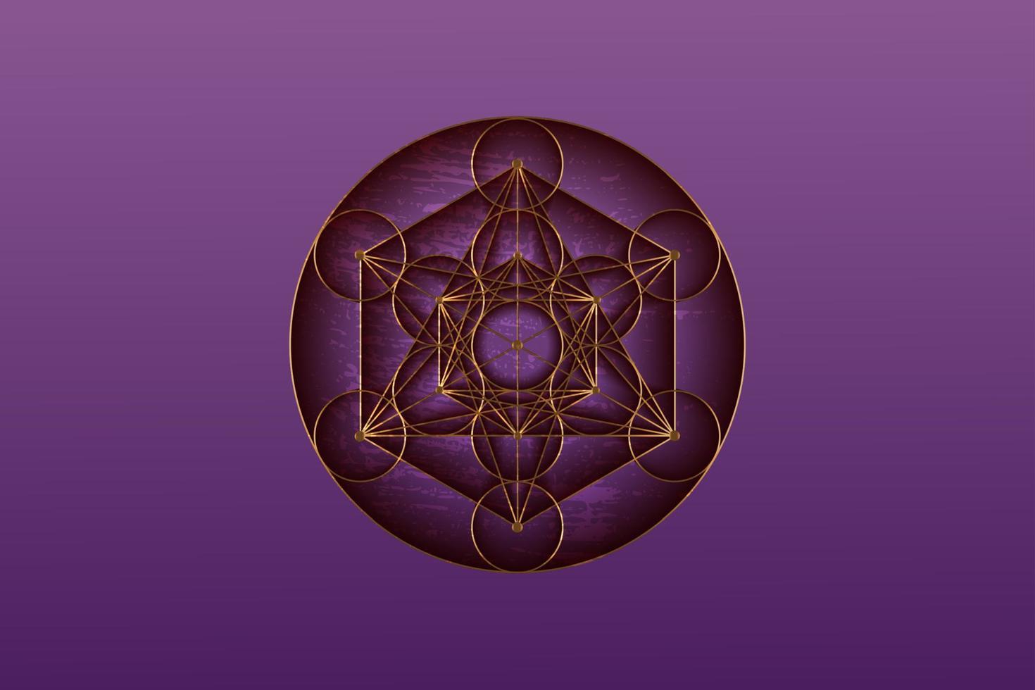 cube de métatrons, géométrie sacrée, fleur de vie, logo de luxe en or. symbole d'harmonie et d'équilibre, ornement géométrique doré, vecteur isolé sur fond violet