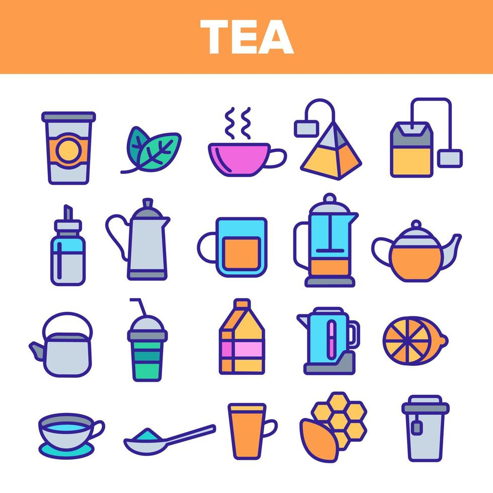 vecteur de jeu d'icônes de ligne de thé. conception d'étiquettes de restaurant. icônes de boisson au thé. pictogramme de tasse traditionnel. illustration web contour mince