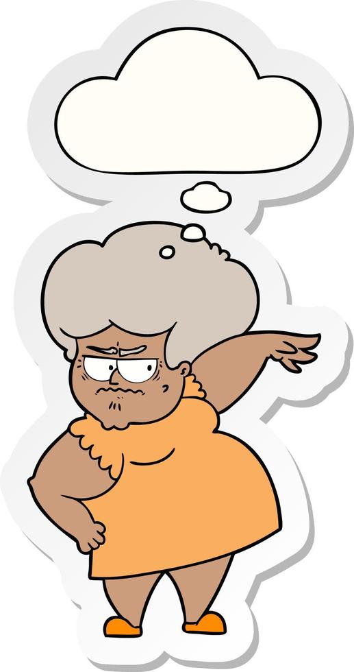 Cartoon vieille femme en colère et bulle de pensée comme un autocollant imprimé vecteur