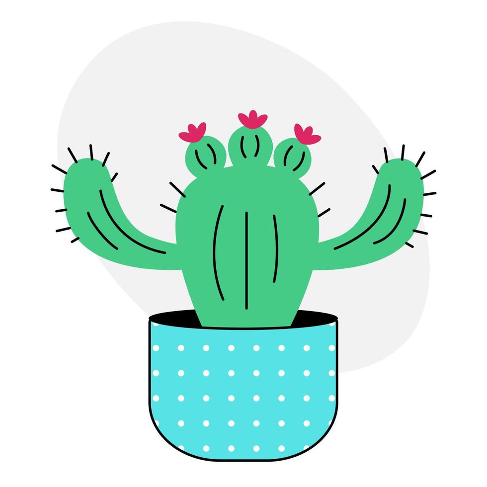 griffonnage mignon de cactus. cactus de dessin animé avec des fleurs dans un pot à pois bleu sur fond blanc. illustration vectorielle cool dans un style plat. vecteur