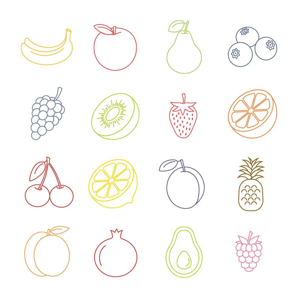 ensemble d'icônes de ligne de fruits et légumes, collection de symboles de vecteur de contour rempli, pack de pictogrammes colorés linéaires isolé sur blanc, illustration de logo