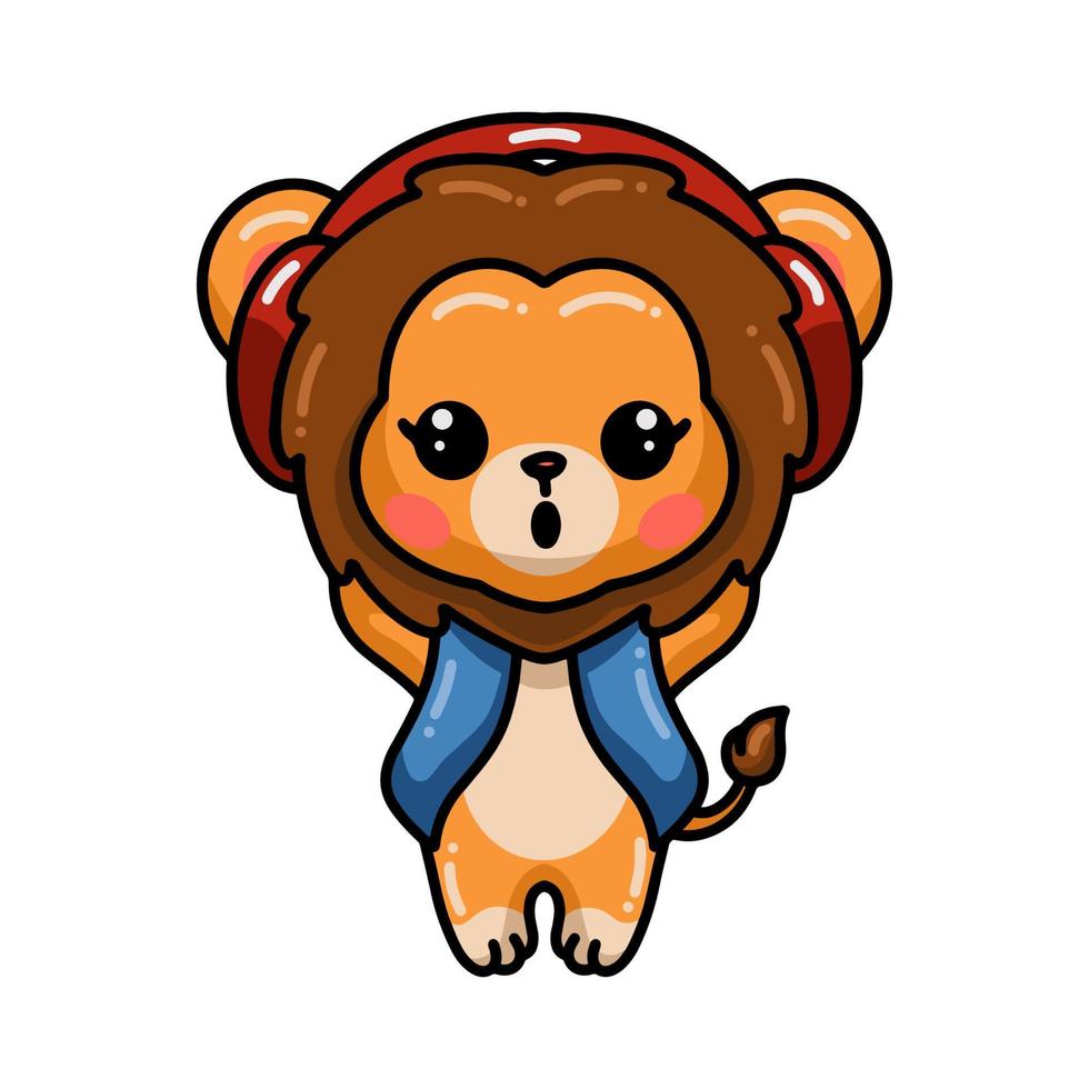 dessin animé mignon bébé lion portant un casque vecteur