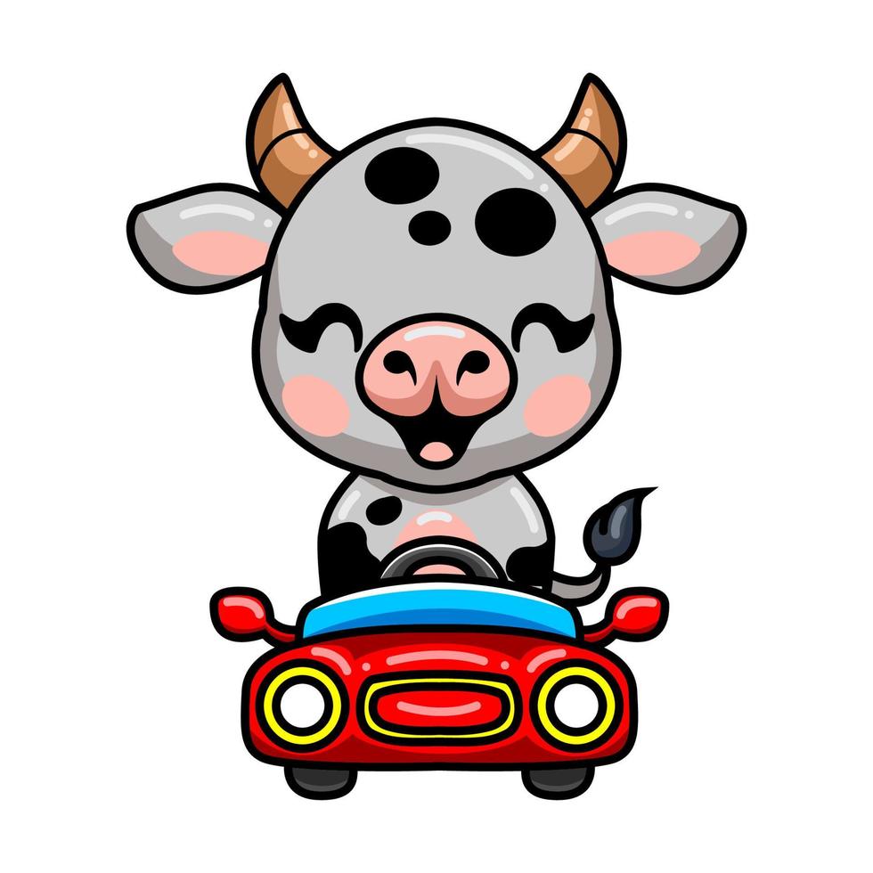 dessin animé mignon bébé vache au volant d'une voiture rouge vecteur