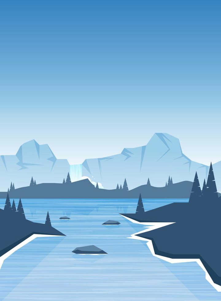 lac froid glacé plat avec illustration de montagne et de ciel clair vecteur