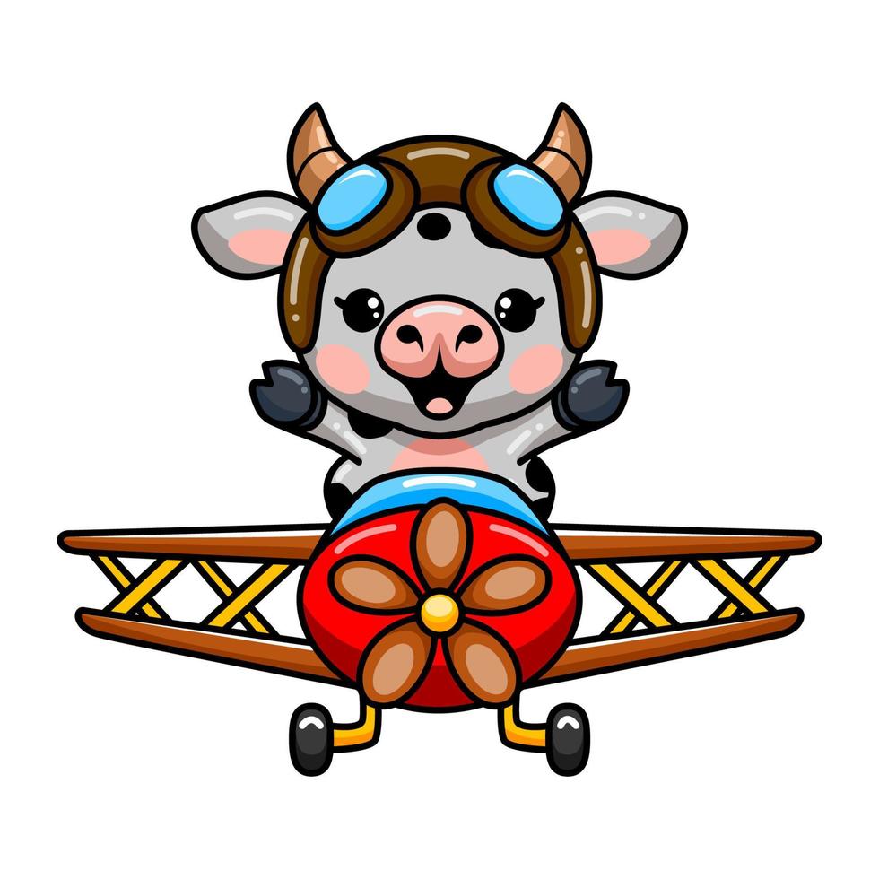 dessin animé mignon bébé vache volant dans un avion vecteur