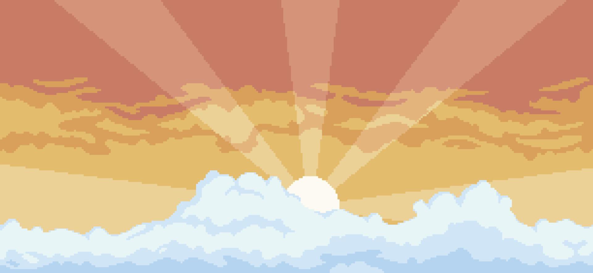 fond de coucher de soleil pixel art avec des nuages pour le jeu en 8 bits vecteur
