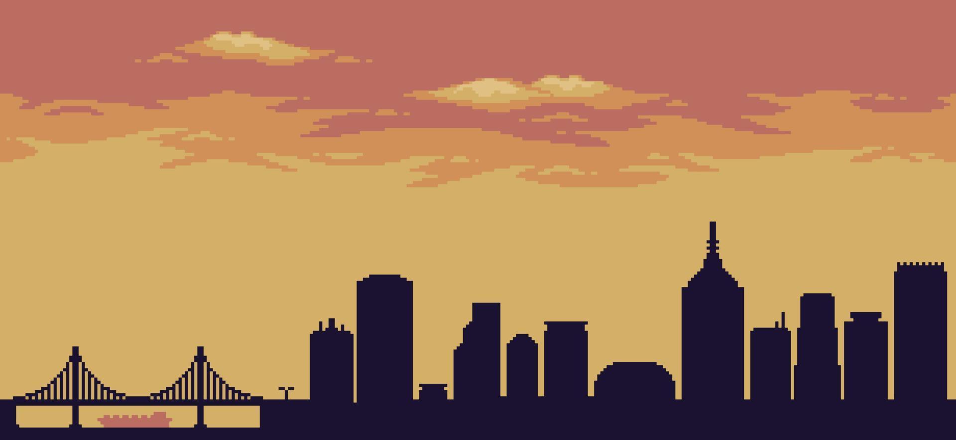 fond de ville pixel art au coucher du soleil avec bâtiments, constructions, pont et ciel nuageux pour jeu 8bit vecteur