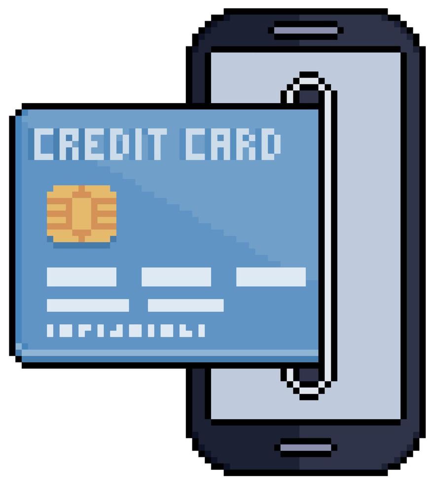 paiement en ligne pixel art avec carte de crédit et icône vectorielle de téléphone portable pour le jeu 8bit sur fond blanc vecteur