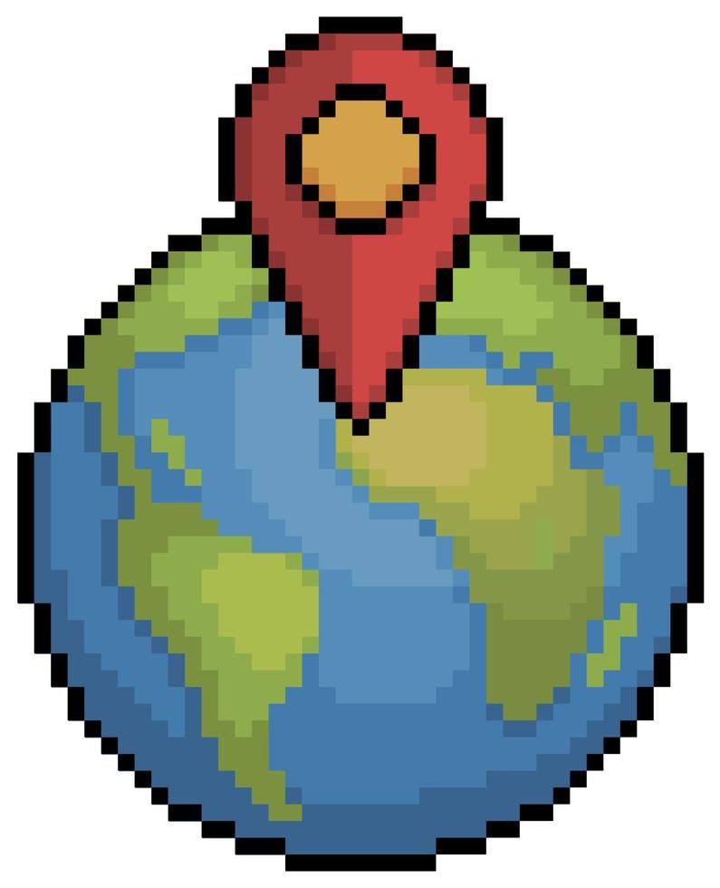 globe terrestre pixel art avec vecteur d'icône de localisation gps pour jeu 8 bits sur fond blanc