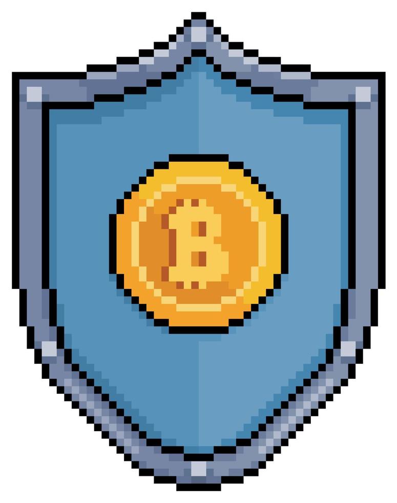 bitcoin de bouclier d'art de pixel. sécurité dans l'icône vectorielle des crypto-monnaies pour le jeu 8 bits sur fond blanc vecteur