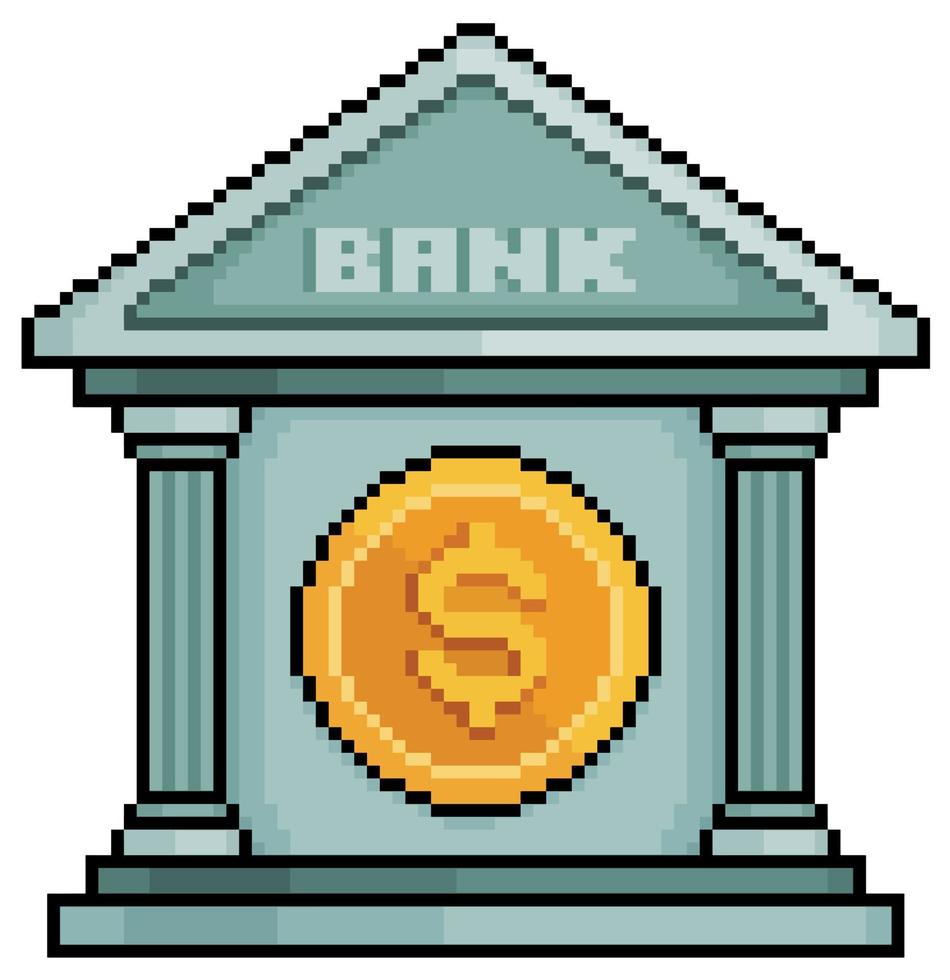 banque de pixel art. façade de banque dans un style classique avec icône de vecteur de pièce pour le jeu 8bit sur fond blanc