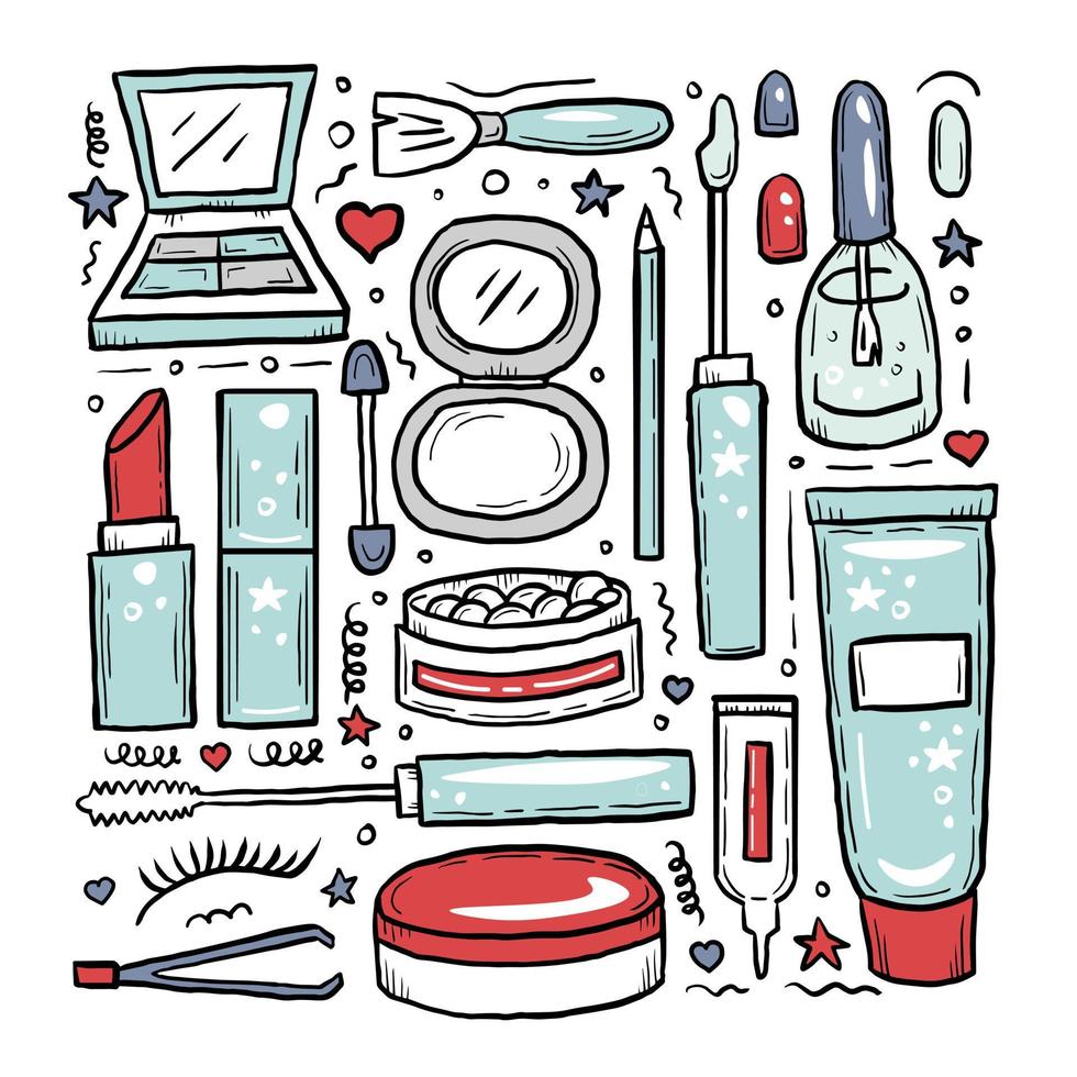 doodle d'éléments cosmétiques dans un style de dessin animé à la mode vecteur